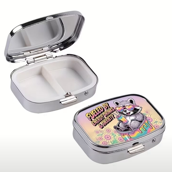 Pill Box Medicine Case - Anxiety Raccoon Cute Storage Tin - Sassy Fun Accessory - Picture 2 of 4